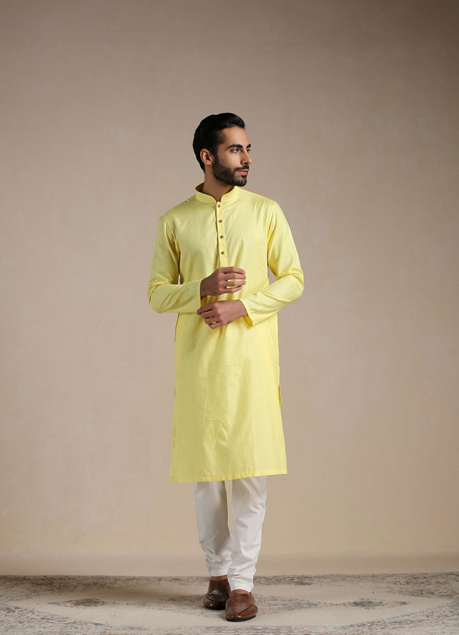 alt message - Manyavar Men Crayola Yellow Self Patterned Kurta Set image number 1